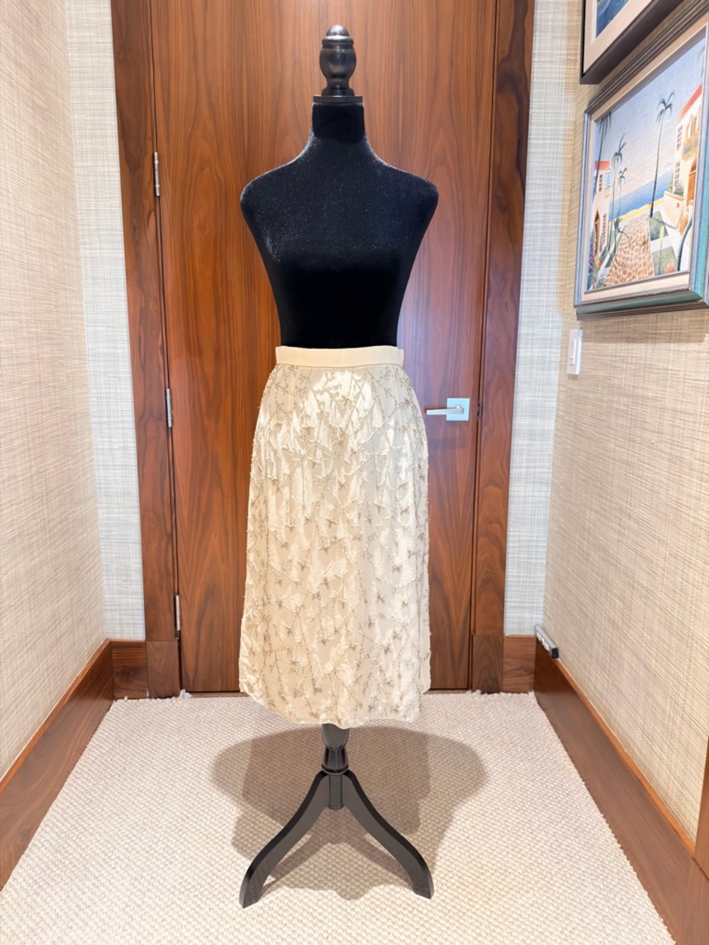 Badgley Mischka Silk Beaded Skirt Champagne Ivory Elegant Formal Midi Size 6